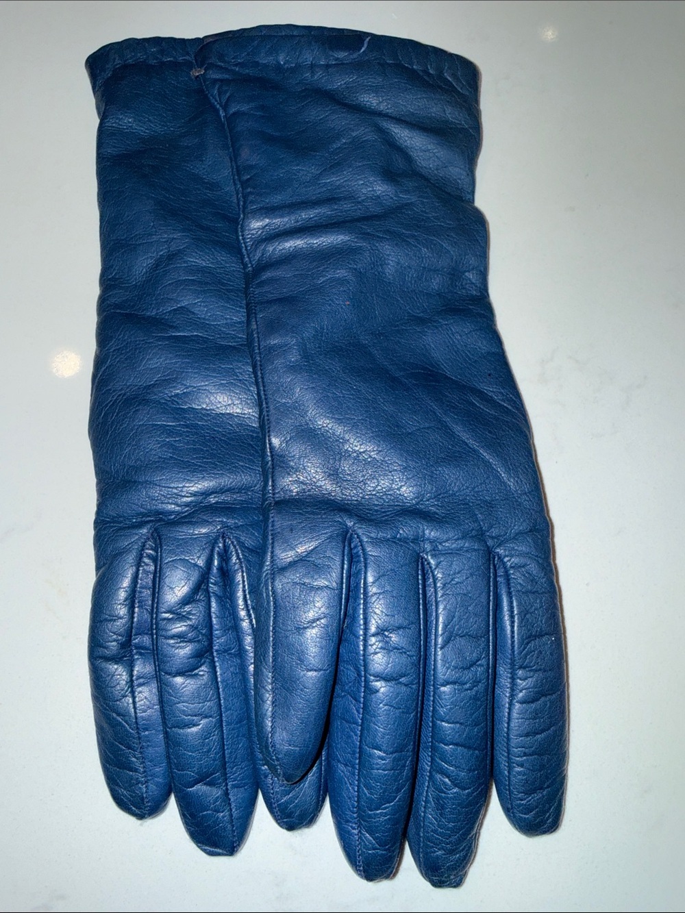 Women's Blue Leather Gloves - Sleek Winter Accessory